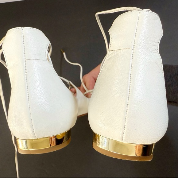 AQUAZZURA CHRISTY WHITE LEATHER LACE UP ANKLE WRAP POINTED TOE BALLET FLATS - Picture 5 of 15